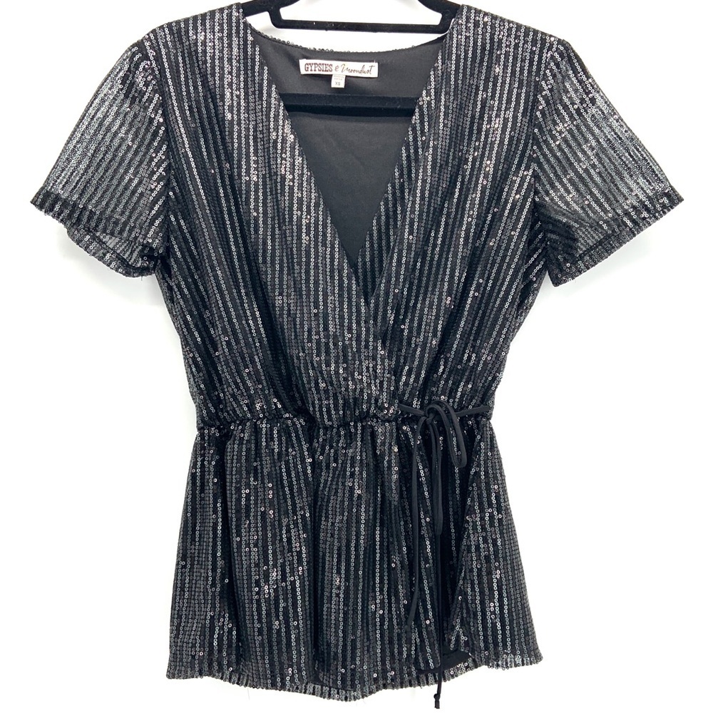 Gypsies & Moondust Sequin Faux Wrap Peplum Blouse